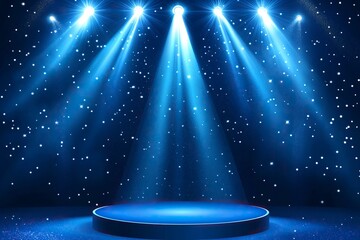 A blue podium with light rays shining down on it, creating an atmosphere of spotlights and shimmering stars. Vector illustration design for an award ceremony or concert background.