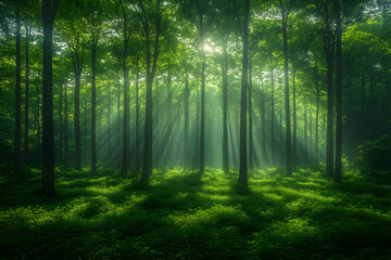 Obraz premium Pixilated Forest Scene With Sunlight Beams