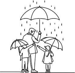 
line art image of a father holding a shade and protecting his children from the rain.
