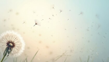 Aesthetic close-up of dandelion with flying fluff seeds on neutral sky. Minimal nature wallpaper backdrop with fragile lightweight airborne seeds and blurred background with soft colors.