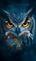 Mystical owl portrait with intense gaze and glittering accents shining with enigmatic aura
