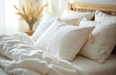 Cozy bed features fluffy white pillows. Bedchamber duvet, linen, blanket. Set includes sheet, mattress, cushion. Bedroom interior design soft, clean. Background elements include fashion, house, home