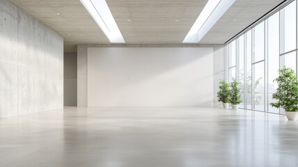 Obraz premium Spacious, minimalistic interior with natural light, plants, and concrete design elements. Modern architectural space.