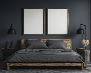 Cozy Dark Gray Bedroom with Blank Frames and Stylish Decor Elements