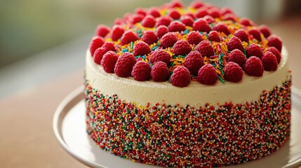 Colorful cake with fresh raspberries and vibrant sprinkles perfectly decorated for a celebration or festive occasion