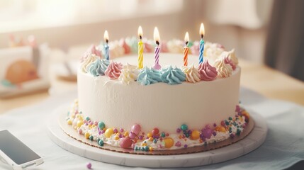 Colorful celebration birthday cake with glowing candles ready for festive gatherings surrounded by joyful company