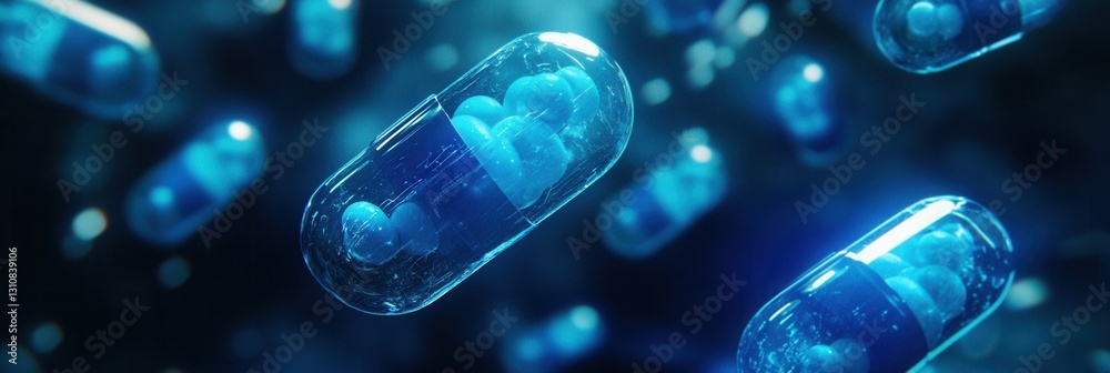 Aufkleber glowing capsules float in a dark environment, illustrating a futuristic concept in medical design wi