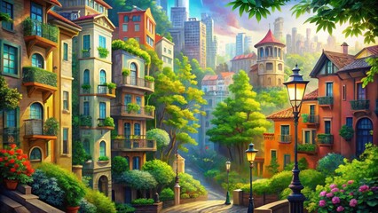 Naklejka premium Charming Hillside Village Street Scene with Lush Greenery and Elegant Architecture, Basking in Golden Sunlight
