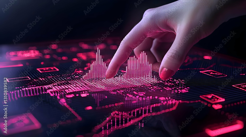 Poster hand interacting with digital data visualization on touchscreen display