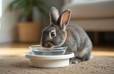 Fototapeta na wymiar Cute grey rabbit drinking fresh clear water at home from glass bowl. Lovely pet sits indoor on carpet. Mammal drinks, quenches thirst. Copy space. Home pet care.
