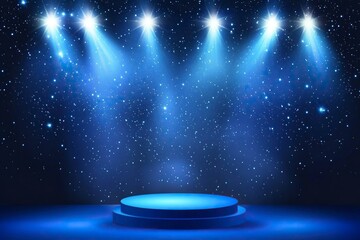 A blue podium with lights against the background of a starry sky, an award ceremony backdrop, vector illustration, high resolution, professional quality, and high detail. 