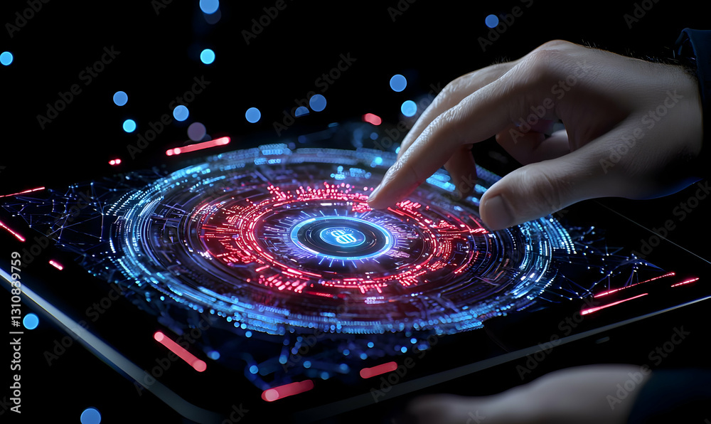 Poster futuristic touch interface with digital circles and data streams