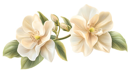 Hyper-realistic Photograph of Two Cream Colored Flowers with Buds