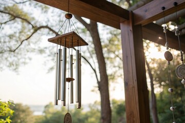 ethereal elegance of wind chimes gracefully swaying in gentle zephyr, their harmonious melodies intertwining with hushed murmurs of air