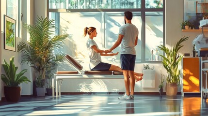 Realistic physiotherapy session with a therapist assisting a patient with leg stretches