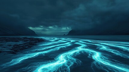 Surreal coastal night bioluminescent waves at midnight beach - a dreamy gigapixel photography experience