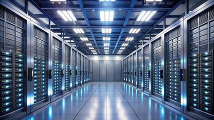 Obraz premium A Modern Data Center Corridor with Rows of Illuminated Server Racks and a Reflective Floor