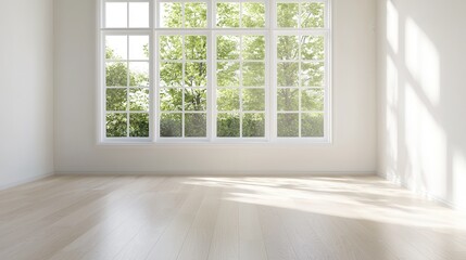 Sunlit empty room with large windows overlooking lush greenery and wooden flooring.