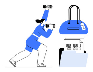 Woman lifting dumbbells, large handbag, and file folder with binary code papers. Ideal for fitness, lifestyle, work-life balance, multitasking, efficiency organization empowerment themes. Line