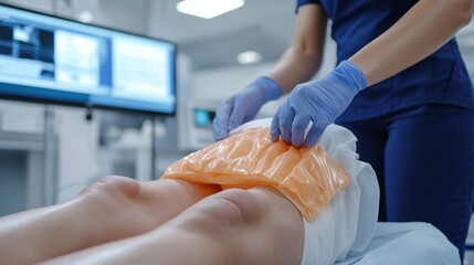 Realistic physiotherapy session with a therapist using a heat pack on a patient's leg 