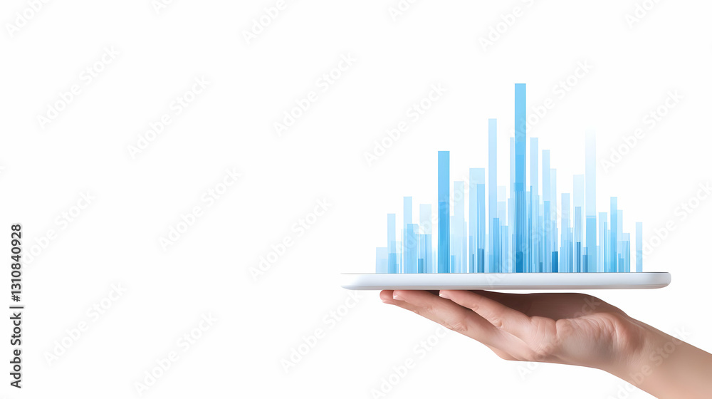 Poster hand holding tablet with 3d graphs and data visualization elements