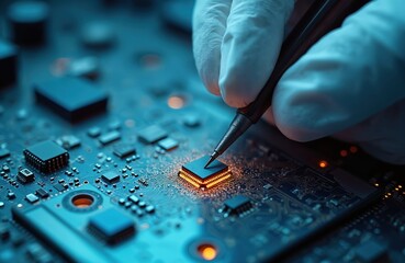 Tech assemblying microchips on motherboard. Engineer in sterile gloves solders electronic components using special tool. Semiconductor manufacturing concept. Modern technology digital engineering