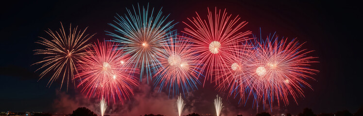 Fototapeta premium Panoramic vibrant fireworks display explodes against night sky. Red white blue colors celebrate independence day holiday. Festive patriotic lights illuminate event. Exploding stars symbolise freedom,