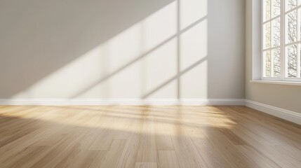 Sunlit empty room with wooden flooring, casting shadows through large windows, creating a serene and bright interior.