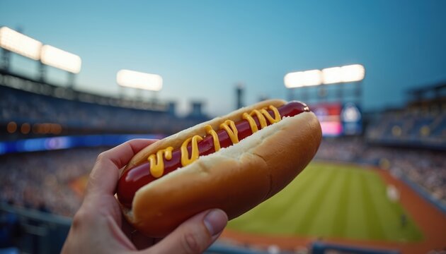 Hand holding hotdog with mustard at baseball game. American fast food snack at Dodgers Stadium. Blurred field background. Sausage in bun, ketchup, mustard. Enjoying food at sport event.