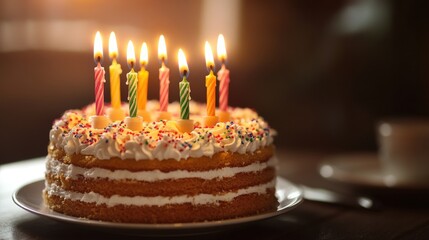 Vibrant birthday cake decorated with brightly lit candles ready for a memorable celebration filled with love and joy