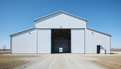 Modern white metal barn with large open doors on a farm. Symmetrical agricultural storage building in a rural field under a clear blue sky.