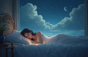 Dreamy night scenery with sleeping young woman in bed. Relaxing sleep on soft pillow, moon and clouds outside window. Bedtime dreams and rest. Peaceful atmosphere, inspiration, relaxation.