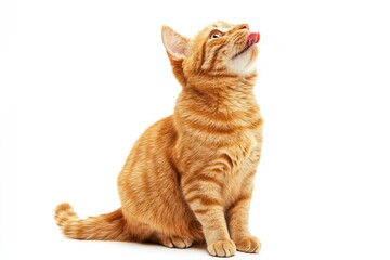 A ginger cat sitting on a white background, licking its lips and looking up at something in the sky, in a side view, stock photo.