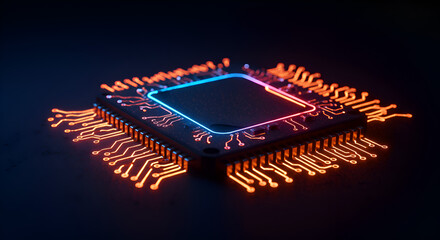Neon Microprocessor - Glowing Processor with Circuit Trails