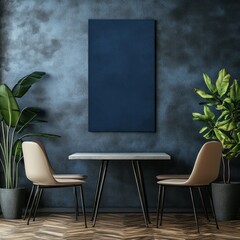 Dark blue canvas on wall above dining table with chairs and plants.