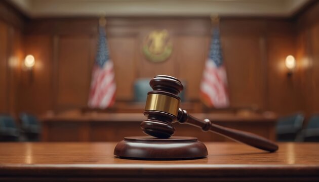 Wooden gavel rests table in American courtroom. Blurred background view with judges chair flag. Symbol justice legal system decision authority trial. Law order in judicial litigation environment. - Powered by Adobe