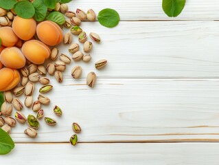 A peaceful island with apricots and pistachios on a white wooden table, background, top view, flat lay. Space for text. Stock photo contest winners. High resolution, high quality,