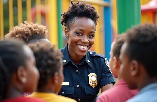 Joyful African-American police officer interacts with diverse group kids on playground, fostering positive relations with law enforcement. Community engagement, support, social programs for children,