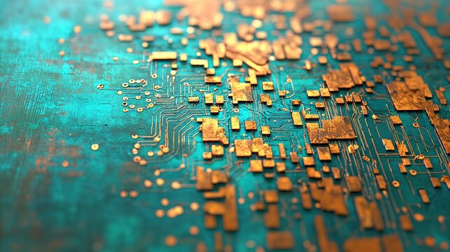 Intricate circuit board topography map with gold and copper patina digital art technology macro view modern aesthetics
