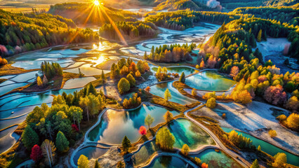 Fototapeta premium Breathtaking aerial view of serene water bodies surrounded by lush forests, showcasing vibrant autumn colors and stunning sunrise. Nature beauty is on full display
