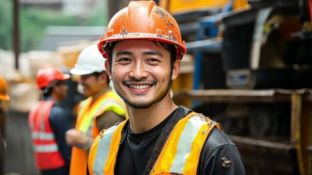 Construction workers continue to work in spite of the heavy rain. The staff still smiles in spite of their safety gear.
