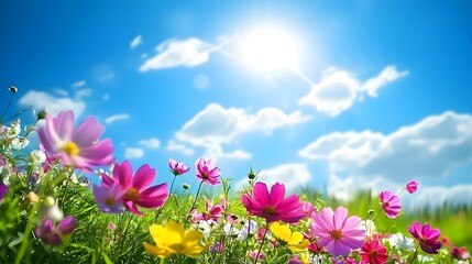 Beautiful colorful flowers in the sunny blue sky with clouds