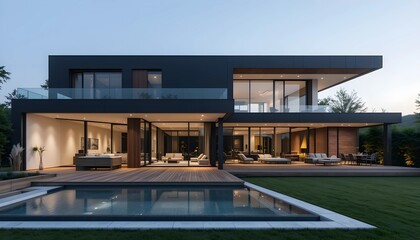 Fototapeta premium Modern luxury villa with black facade and swimming pool, contemporary minimalist mansion at dusk, elegant residential architecture with glass walls