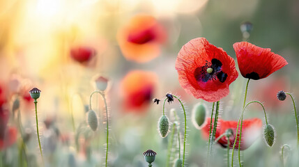 Naklejka premium close up of vibrant red poppies in field, showcasing their delicate petals and intricate details, evoking sense of tranquility and beauty