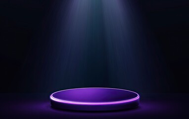 A podium illuminated with neon light on a dark blue background, with a glowing purple round platform for product presentation. Vector illustration, the winner of the Valery Bric activity stock photo.