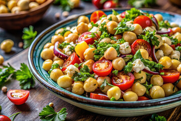 Fresh chickpea salad with cherry tomatoes, herbs, and feta cheese