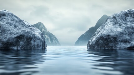 Misty Mountain Landscape with Snow Covered Rocks and Calm Water