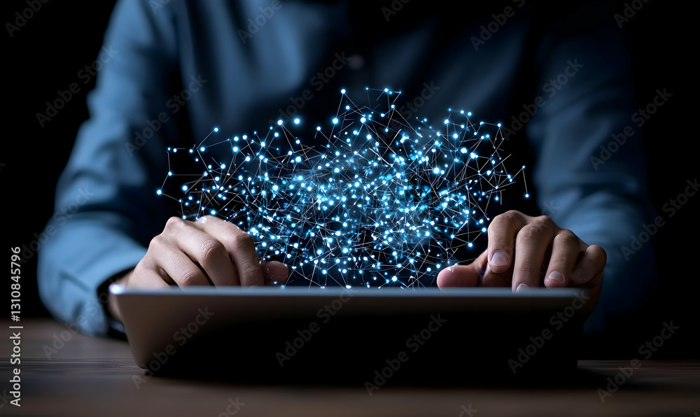 Poster digital transformation concept with hands and data connection