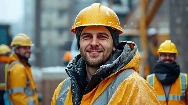 Construction workers continue to work in spite of the heavy rain. The staff still smiles in spite of their safety gear.