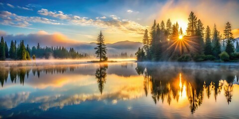 Fototapeta premium Misty Sunrise Lake Evergreen Trees Fog Reflection Vintage Photo